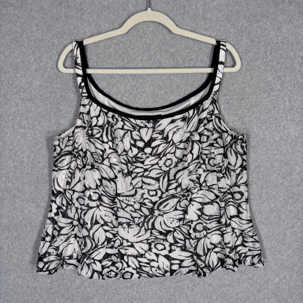 Vintage Alex Evenings Tank Top Blouse XXL Black White Floral Lace Sequin Cami